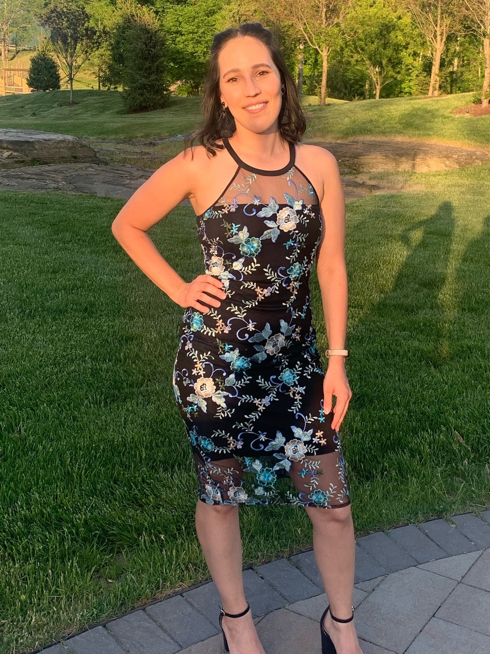 Guess Black Midi Dress with Blue and Cream Floral Embroidery